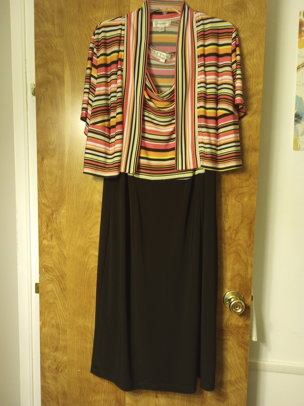 Dress Barn Striped Multi-Color Draped Top with Black Maxi Skirt